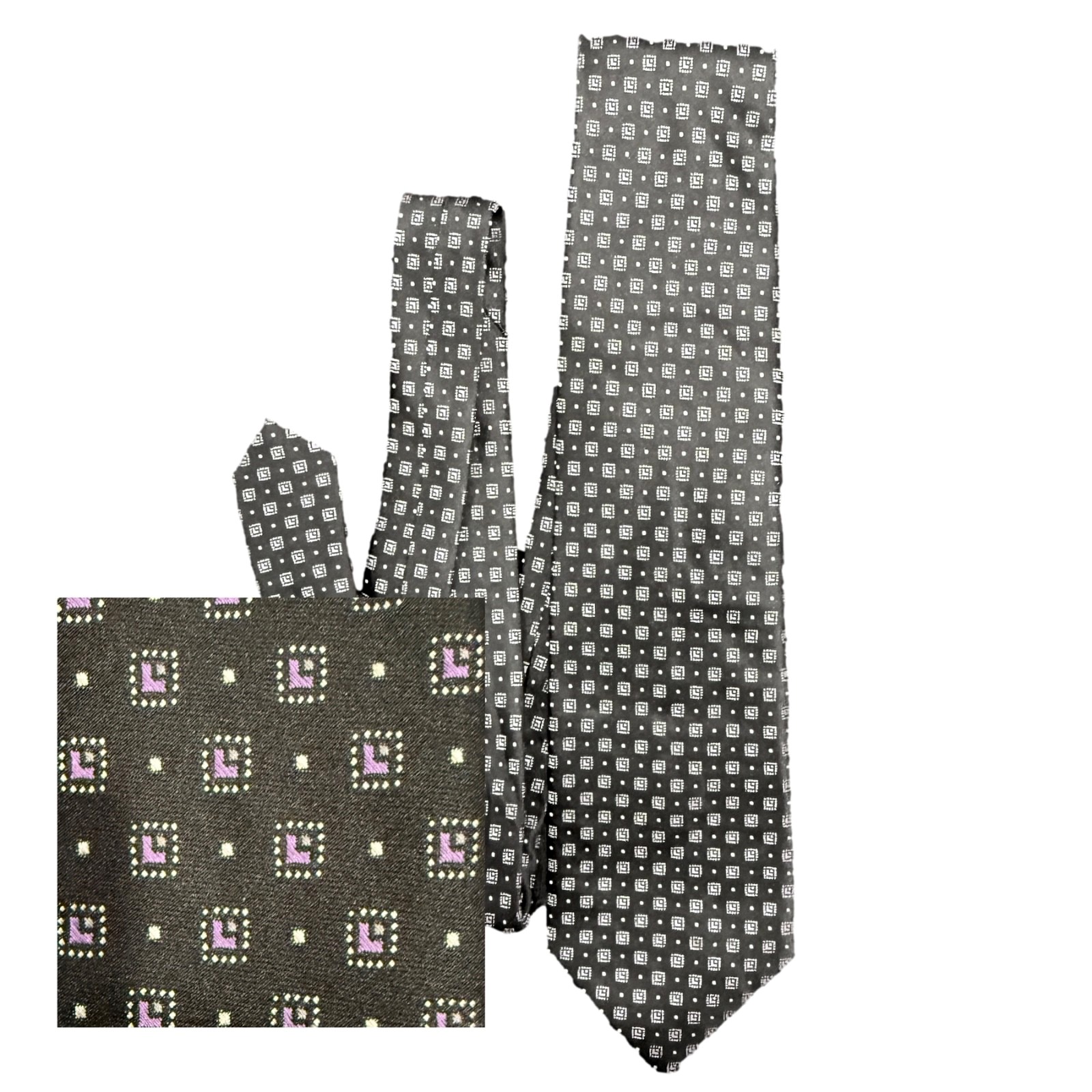 Vintage Calvin Klein Mens Necktie 90s Silk Designer Geometric Black Purple White